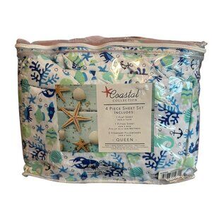 Coastal Collection Ocean Sea Nautical Print Sheet Set Queen Four Piece NIP NEW